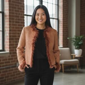 Kay Unger Women's Stunning Orange Tweed Blazer with Ostrich Feather Trim Size 10